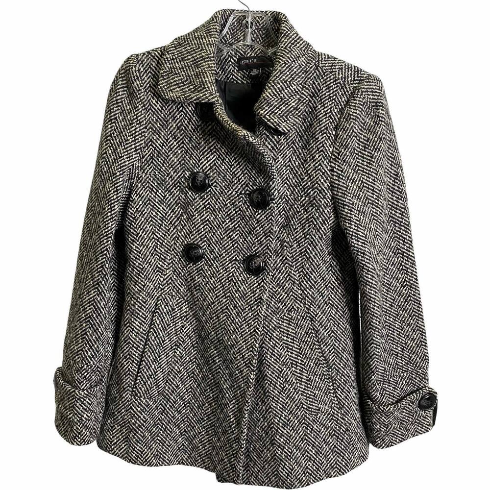Jason Kole Women's Coat Jacket‎ Black & White Chevron Wool Button Front Size M